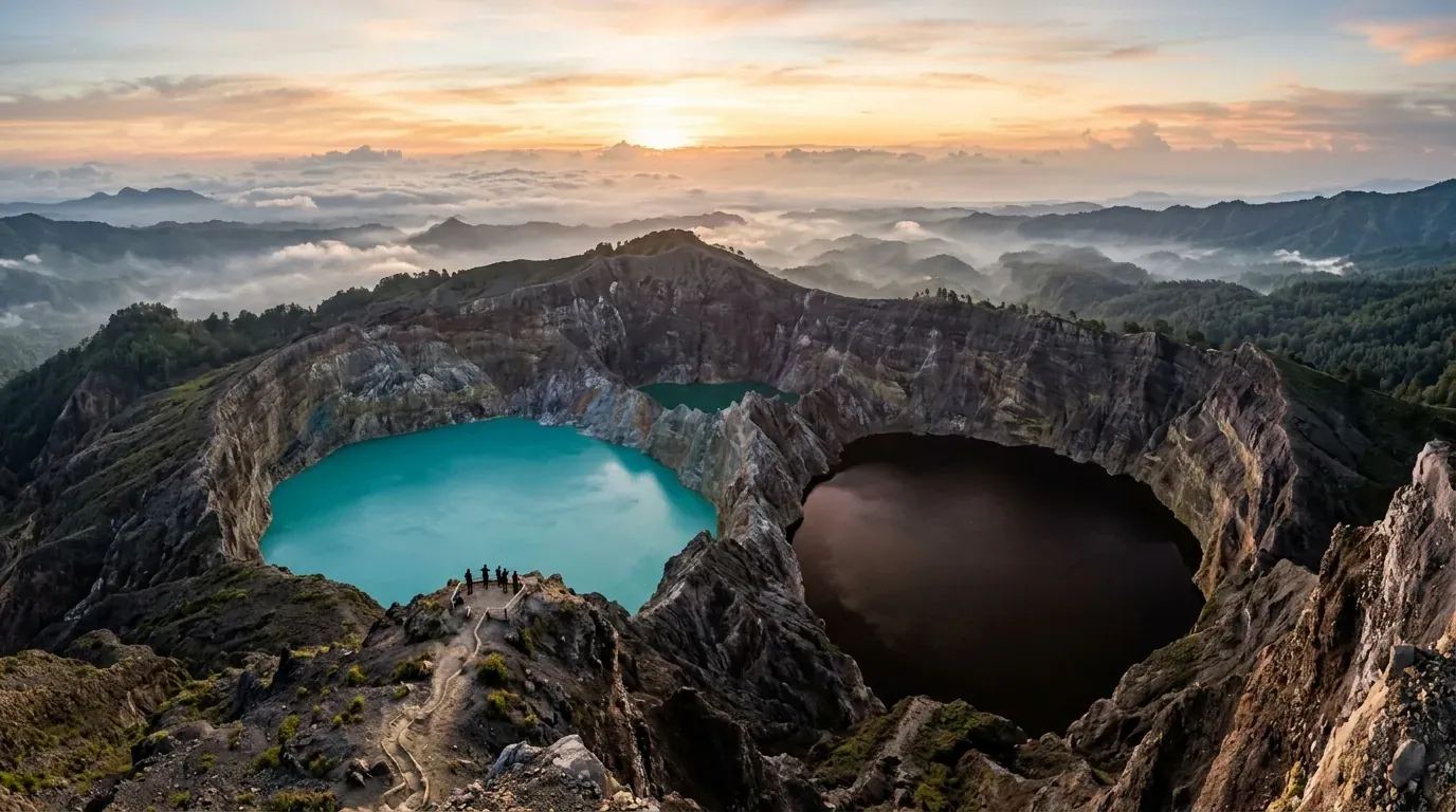 Sunrise panorama over the volcanic crater lakes of Mount Kelimutu and misty highland ridges on Flores Island, East Nusa Tenggara
