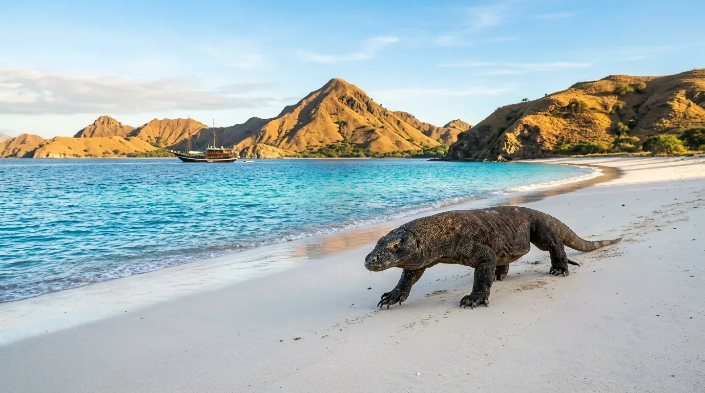 Komodo dragon walking along a white-sand beach overlooking turquoise water, volcanic islands, and a traditional phinisi sailing boat in Komodo National Park, Labuan Bajo