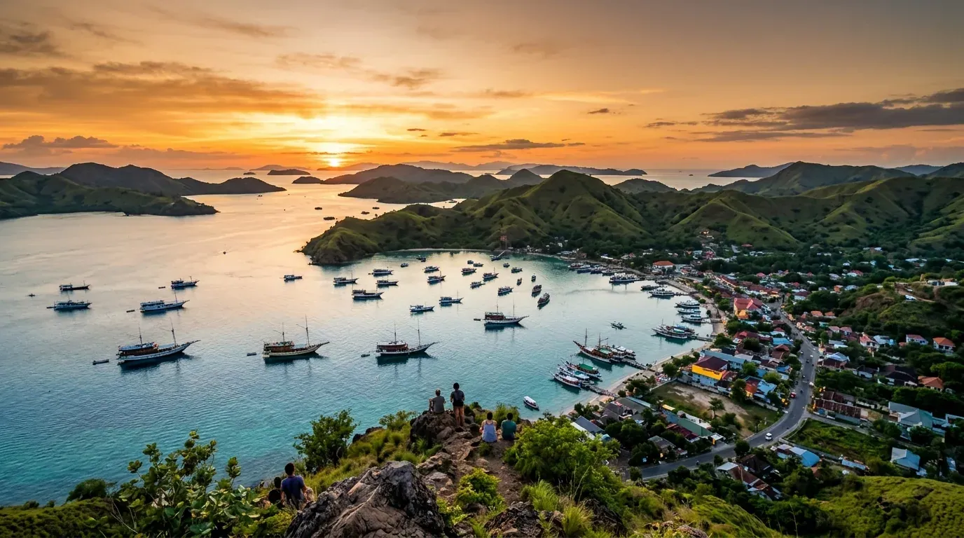 Sunset hilltop viewpoint overlooking Labuan Bajo harbour, anchored phinisi boats, and surrounding islands in West Manggarai, Flores