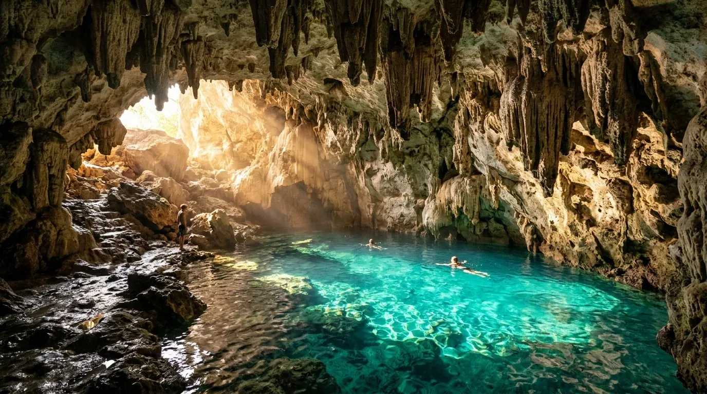 Crystal-clear turquoise saltwater pool inside Rangko Cave illuminated by natural sunlight and surrounded by limestone stalactites near Labuan Bajo