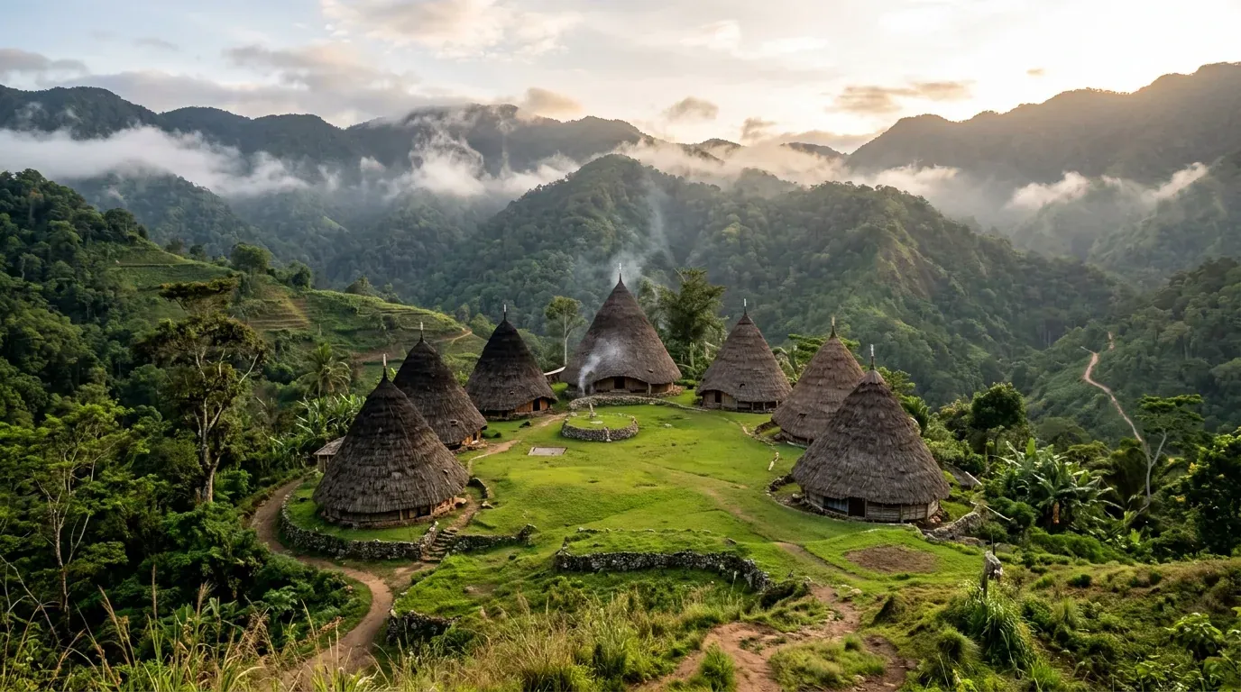 Traditional cone-shaped thatched Mbaru Niang houses of Wae Rebo highland village surrounded by misty green mountains in Manggarai, Flores